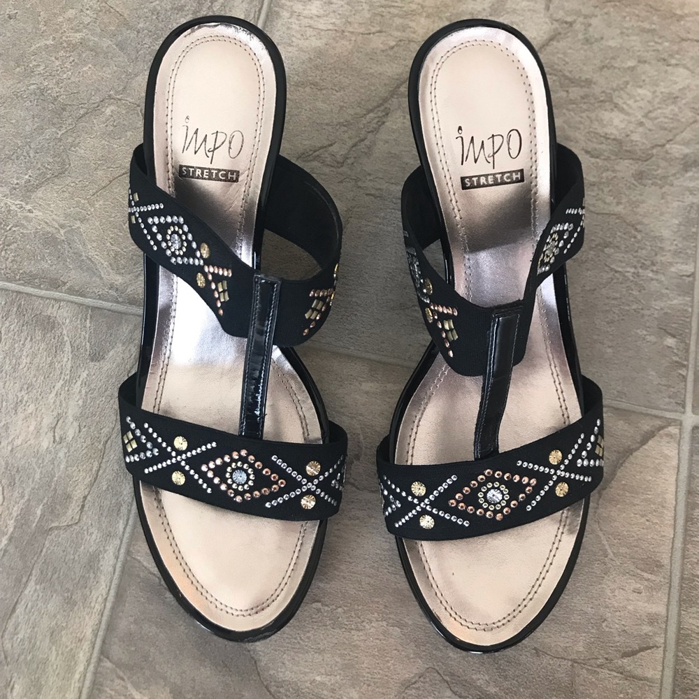 Impo Black Embellished Wedge Sandals